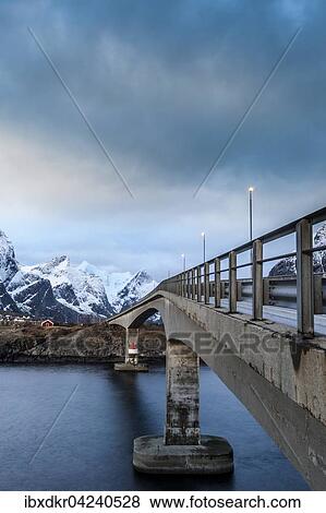 Stock Photo - Brucke uber Fjord, Moskenesoya, Reine, Hamnoy, Hamnoy Lofoten, Norwegen, Europa. Fotosearch
