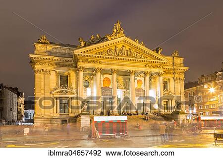 Stock Image - Brussels Stock Exchange at Night, Brussels, Belgium, Europe. Fotosearch