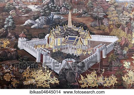 Picture - Buddhist temple complex with scene from Ramakia, wall painting in Wat Phra Kaeo, Ko Ratanakosin, Bangkok, Thailand, Asia. Fotosearch