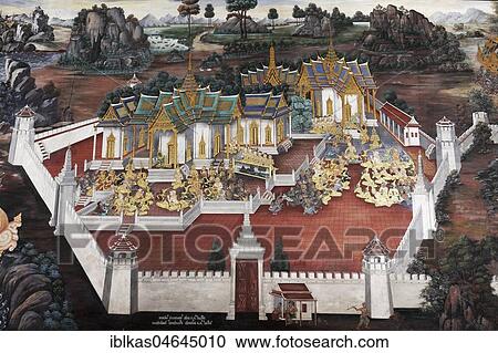 Buddhist temple complex with scene from Ramakia, wall painting in Wat Phra Kaeo, Ko Ratanakosin, Bangkok, Thailand, Asia View Large Photo Image Stock Image - Buddhist temple complex with scene from Ramakia, wall painting in Wat Phra Kaeo, Ko Ratanakosin, Bangkok, Thailand, Asia. Fotosearch