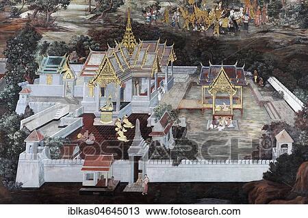 Stock Image - Buddhist temple complex with scene from Ramakia, wall painting in Wat Phra Kaeo, Ko Ratanakosin, Bangkok, Thailand, Asia. Fotosearch