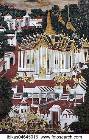 Buddhist temple complex with scene from Ramakia, wall painting in Wat Phra Kaeo, Ko Ratanakosin, Bangkok, Thailand, Asia View Large Photo Image Stock Photography - Buddhist temple complex with scene from Ramakia, wall painting in Wat Phra Kaeo, Ko Ratanakosin, Bangkok, Thailand, Asia. Fotosearch