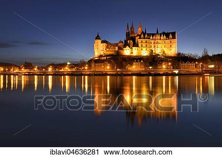 Burgberg with cathedral and castle Albrechtsburg reflected in the river Elbe, night view, Meißen, Saxony, Germany, Europe View Large Photo Image Stock Image - Burgberg with cathedral and castle Albrechtsburg reflected in the river Elbe, night view, Meißen, Saxony, Germany, Europe. Fotosearch