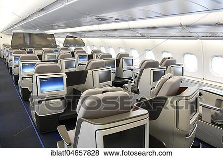 Stock Photo - Business Class, upper deck, cabin, Airbus, A380-800, Lufthansa. Fotosearch