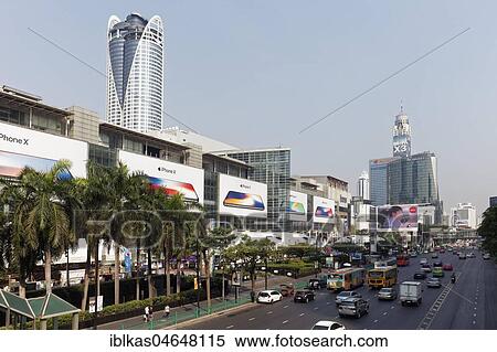 Stock Photography - Car traffic on Ratchadamri Road, left Central World Shopping Center, Pathum Wan, Bangkok, Thailand, Asia. Fotosearch