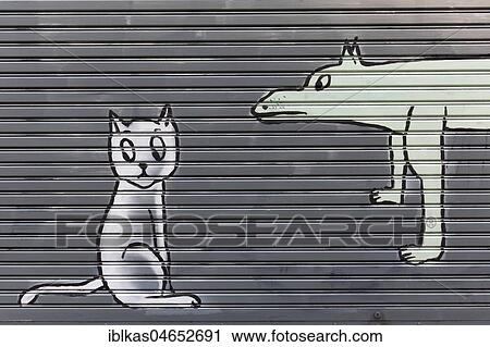 Cat and dog, funny graffiti on a shutter, Sathon, Bangkok, Thailand, Asia View Large Photo Image Stock Image - Cat and dog, funny graffiti on a shutter, Sathon, Bangkok, Thailand, Asia. Fotosearch