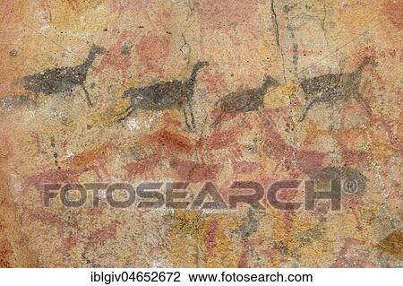 Stock Image - Cave paintings in the Cave of Hands, Cueva de las Manos, UNESCO World Heritage Site, Santa Cruz Province, Argentina, South America. Fotosearch