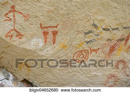 Stock Image - Cave paintings in the Cave of Hands, Cueva de las Manos, UNESCO World Heritage Site, Santa Cruz Province, Argentina, South America. Fotosearch