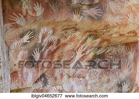Stock Photo - Cave paintings in the Cave of Hands, Cueva de las Manos, UNESCO World Heritage Site, Santa Cruz Province, Argentina, South America. Fotosearch