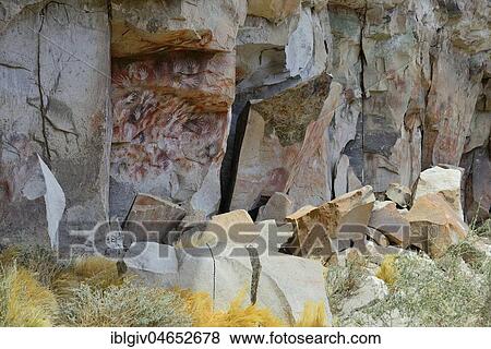 Stock Photo - Cave paintings in the Cave of Hands, Cueva de las Manos, UNESCO World Heritage Site, Santa Cruz Province, Argentina, South America. Fotosearch