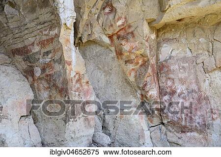 Stock Photography - Cave paintings in the Cave of Hands, Cueva de las Manos, UNESCO World Heritage Site, Santa Cruz Province, Argentina, South America. Fotosearch