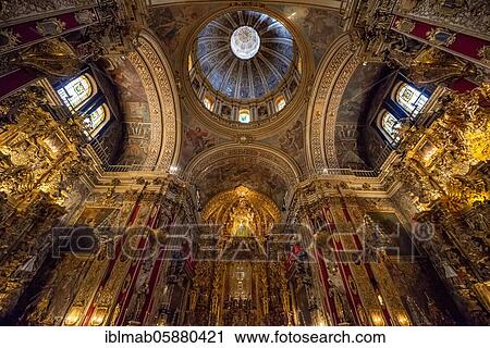 Stock Image - Chancel with high altar, vault decorated with gold and ornaments, Basilica de San Juan de Dios, Granada, Andalusia, Spain, Europe. Fotosearch