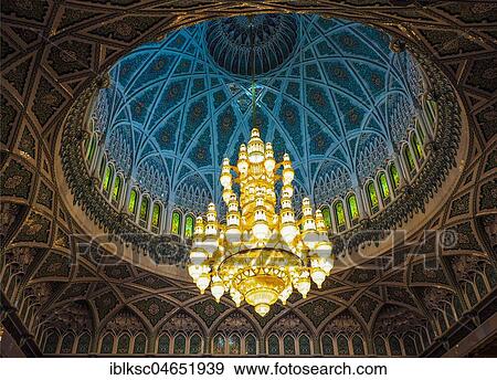 Stock Photo - Chandelier and dome of the great Sultan Quabus Mosque, Muscat, Oman, Arabia, Asia. Fotosearch