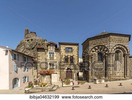 Stock Photo - Chapelle St. Clair and Church Saint-Michel d'Aiguilhe, Le Puy en Velay, Haute-Loire department, Auvergne-Rhone-Alpes, France, Europe. Fotosearch