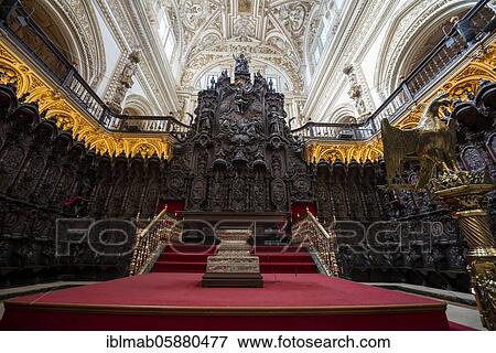 Stock Photo - Choir room, choir stalls decorated with gold, Mezquita-Catedral de Córdoba or Cathedral of the Conception of Our Lady, Córdoba, Province of Cordoba, Andalusia, Spain, Europe. Fotosearch