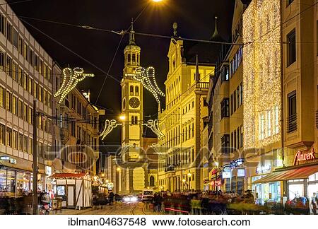 Christmas illuminated Maximilianstraße at Christmas time, Perlach Tower and Town Hall, at night, Augsburg, Swabia, Bavaria, Germany, Europe View Large Photo Image Stock Photo - Christmas illuminated Maximilianstraße at Christmas time, Perlach Tower and Town Hall, at night, Augsburg, Swabia, Bavaria, Germany, Europe. Fotosearch