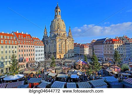Stock Image - Christmas market on the Neumarkt with Church of Our Lady, Dresden, Saxony, Germany, Europe. Fotosearch