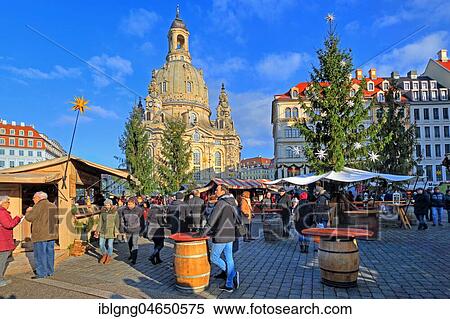Stock Photography - Christmas market on the Neumarkt with Frauenkirche, Dresden, Saxony, Germany, Europe. Fotosearch