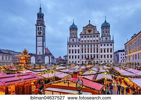 Stock Photo - Christmas market, Perlach Tower and Town Hall, Rathausplatz, at dusk, Augsburg, Swabia, Bavaria, Germany, Europe. Fotosearch
