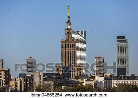 Picture - City view, skyscrapers in the city center, in the center of the Palace of Culture and Science, Pałac Kultury i Nauki, Warsaw, Poland, Europe. Fotosearch