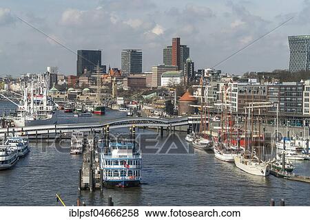 City view with harbour and St. Pauli Landungsbrücken, Hamburg, Germany, Europe View Large Photo Image Stock Photo - City view with harbour and St. Pauli Landungsbrücken, Hamburg, Germany, Europe. Fotosearch