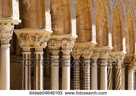 Stock Image - Cloister with columns, Cathedral of Monreale, Cathedral of Santa Maria Nuova, Monreale, Sicily, Italy, Europe. Fotosearch
