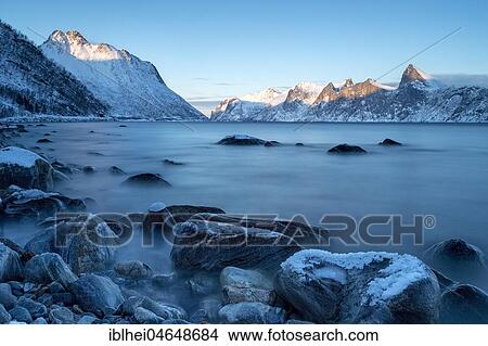 Coastal landscape at dusk, Mehjfjord Brygge, Senja, Norway, Europe View Large Photo Image Picture - Coastal landscape at dusk, Mehjfjord Brygge, Senja, Norway, Europe. Fotosearch