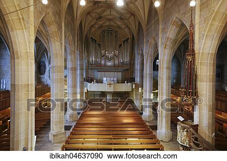 Stock Image - Collegiate church, interior view with organ loft, Tübingen, Baden Württemberg, Germany, Europe. Fotosearch