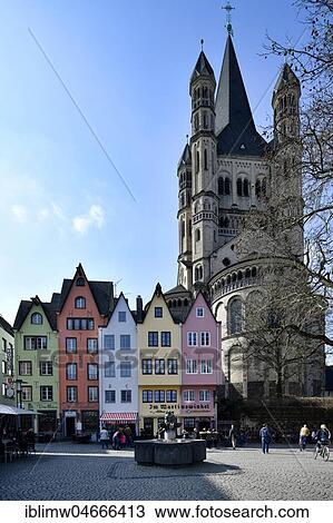 Colourful row of houses with restaurant Im Martinswinkel, church Groß St. Martin, Martinsviertel, Cologne, North Rhine-Westphalia, Germany, Europe View Large Photo Image Stock Image - Colourful row of houses with restaurant Im Martinswinkel, church Groß St. Martin, Martinsviertel, Cologne, North Rhine-Westphalia, Germany, Europe. Fotosearch
