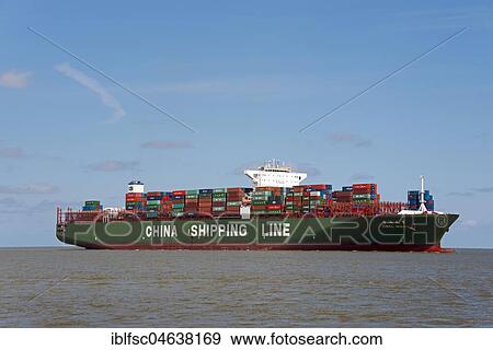 Stock Photo - Container ship on the Elbe, Cuxhaven, Lower Saxony, Germany, Europe. Fotosearch