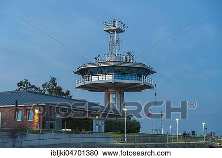 Stock Image - Control tower of the traffic centre at the mouth of the Trave, Travemünde, Baltic Sea, Schleswig-Holstein, Germany, Europe. Fotosearch