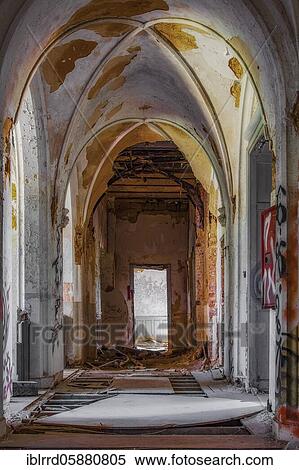 Stock Photography - Corridor, Lost Place, Castle, Château Miranda, Ardennes, Belgium, Europe. Fotosearch
