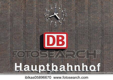 Stock Image - DB central station, lettering on the facade, Duisburg, North Rhine-Westphalia, Germany, Europe. Fotosearch