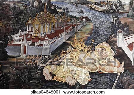Stock Image - Demon, figure from the Thai national epic Ramakia, wall painting in Wat Phra Kaeo, Ko Ratanakosin, Bangkok, Thailand, Asia. Fotosearch