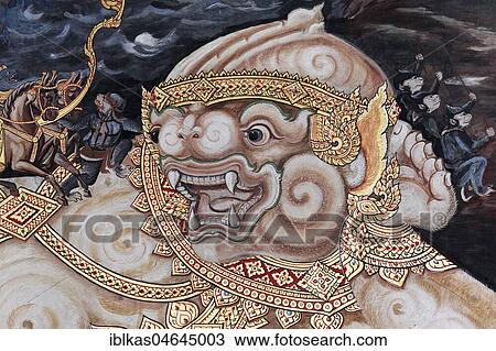 Stock Image - Demon, figure from the Thai national epic Ramakia, wall painting in Wat Phra Kaeo, Ko Ratanakosin, Bangkok, Thailand, Asia. Fotosearch
