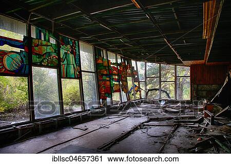 Destroyed building with colorful glass windows, ghost town Prypyat in the Chernobyl region, Prypyat, Kiev Oblast, Ukraine, Europe View Large Photo Image Stock Image - Destroyed building with colorful glass windows, ghost town Prypyat in the Chernobyl region, Prypyat, Kiev Oblast, Ukraine, Europe. Fotosearch