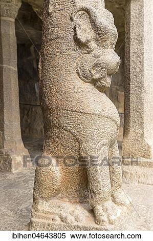 Stock Photography - Detail on pillar on Arjunas's penance, Pallava heritage site, Mahabalipuram, Tamil Nadu, India, Asia. Fotosearch