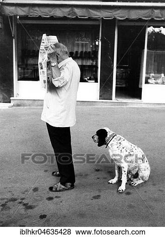 Dog waiting for reading man, between 50s and 60s, exact place unknown, France, Europe View Large Photo Image Stock Photo - Dog waiting for reading man, between 50s and 60s, exact place unknown, France, Europe. Fotosearch