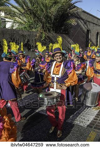 Drummers in colorful costumes, Carnival, Street carnival, Puerto de la Cruz, Tenerife, Canary Islands, Spain, Europe View Large Photo Image Stock Photo - Drummers in colorful costumes, Carnival, Street carnival, Puerto de la Cruz, Tenerife, Canary Islands, Spain, Europe. Fotosearch