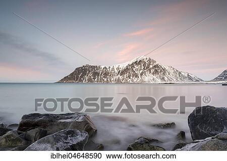 Stock Image - Dusk at Skagsanden Beach, Lofoten, Norway, Europe. Fotosearch