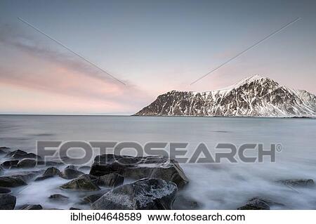 Stock Photo - Dusk at Skagsanden Beach, Lofoten, Norway, Europe. Fotosearch