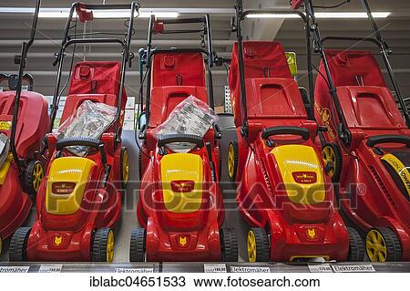 Electric lawn mower, garden centre, interior, Bavaria, Germany, Europe View Large Photo Image Stock Image - Electric lawn mower, garden centre, interior, Bavaria, Germany, Europe. Fotosearch