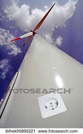 Stock Image - Electricity from wind, wind turbine, power generation, assembly, socket. Fotosearch