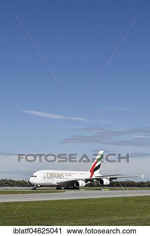 Emirates Airlines, Airbus A380-800, rolling on runway, Munich Airport, Upper Bavaria, Germany, Europe View Large Photo Image Stock Image - Emirates Airlines, Airbus A380-800, rolling on runway, Munich Airport, Upper Bavaria, Germany, Europe. Fotosearch