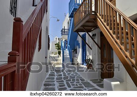 Enge Gasse mit Treppenaufgangen in der Altstadt, Mykonos-Stadt oder Chora, Mykonos, Kykladen, Griechenland, Europa View Large Photo Image Stock Image - Enge Gasse mit Treppenaufgangen in der Altstadt, Mykonos-Stadt oder Chora, Mykonos, Kykladen, Griechenland, Europa. Fotosearch