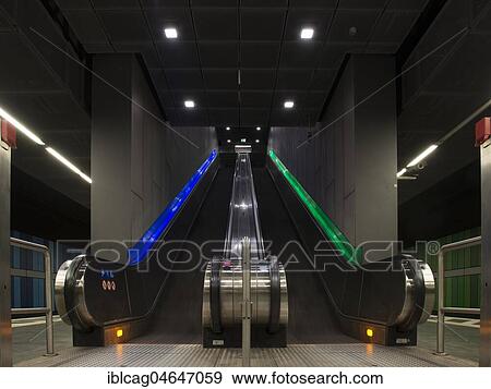 Stock Photo - Escalators at the platform, subway railway Taunusanlage, Westend, Frankfurt am Main, Hesse, Germany, Europe. Fotosearch
