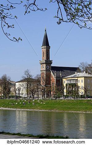 Stock Image - Evangelical Christuskirche at River Salzach, Church of Christ, Salzburg, Austria, Europe. Fotosearch