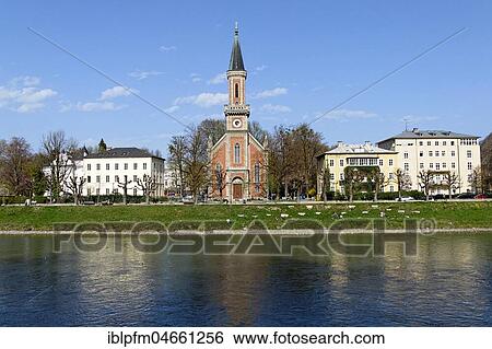 Stock Photograph - Evangelical Christuskirche at River Salzach, Church of Christ, Salzburg, Austria, Europe. Fotosearch