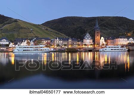 Evening twilight, reflection in the Moselle, Bernkastel-Kues, Rhineland-Palatinate, Germany, Europe View Large Photo Image Stock Photo - Evening twilight, reflection in the Moselle, Bernkastel-Kues, Rhineland-Palatinate, Germany, Europe. Fotosearch