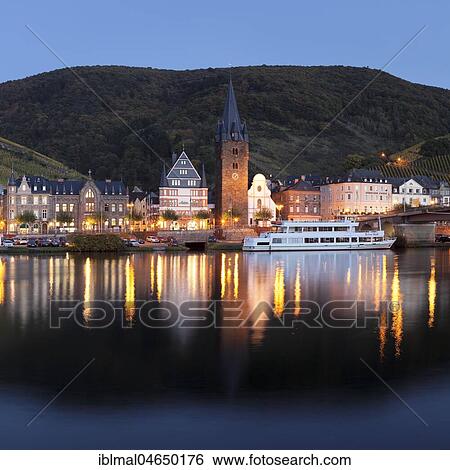 Evening twilight, reflection in the Moselle, Bernkastel-Kues, Rhineland-Palatinate, Germany, Europe View Large Photo Image Stock Photograph - Evening twilight, reflection in the Moselle, Bernkastel-Kues, Rhineland-Palatinate, Germany, Europe. Fotosearch